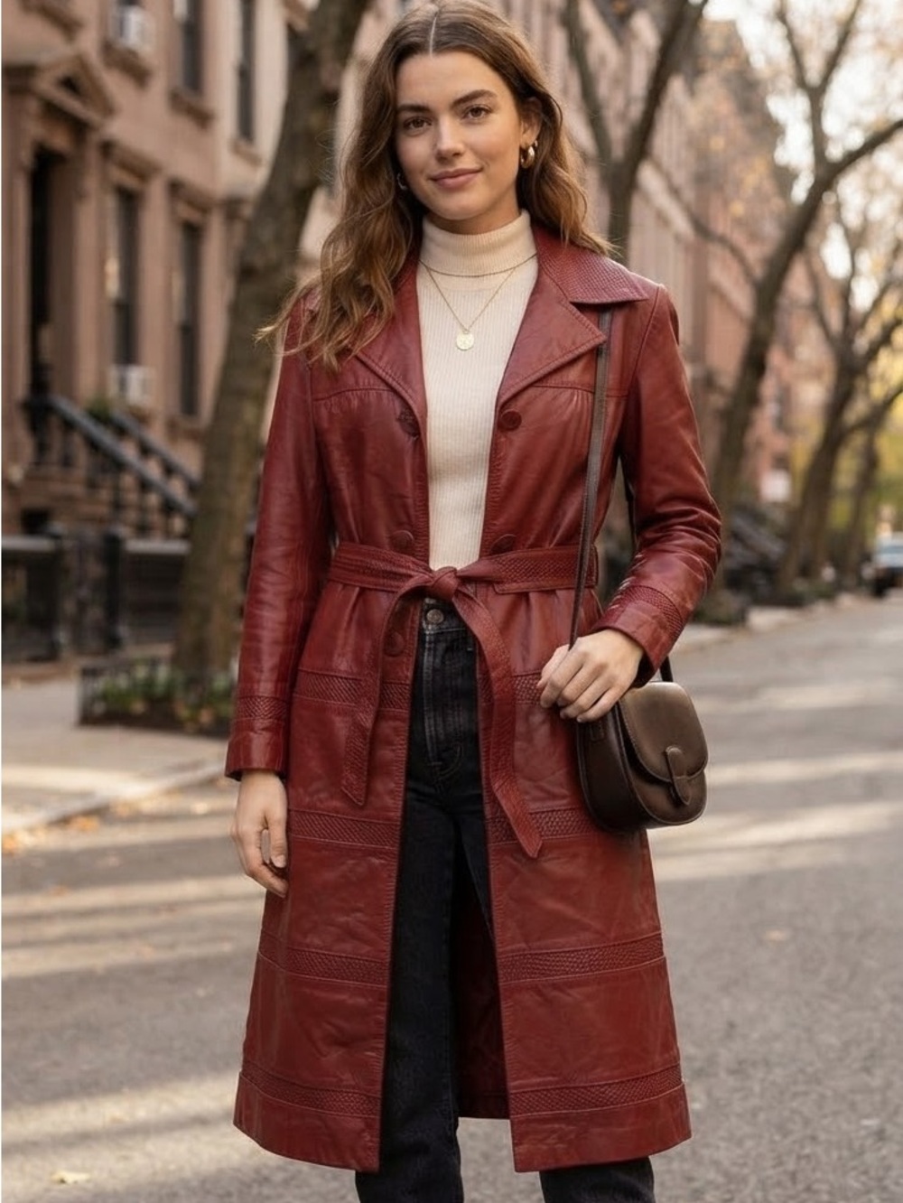 Vintage Women’s 14 Red Leather TFC Belted Trench Coat 70s Long Overcoat